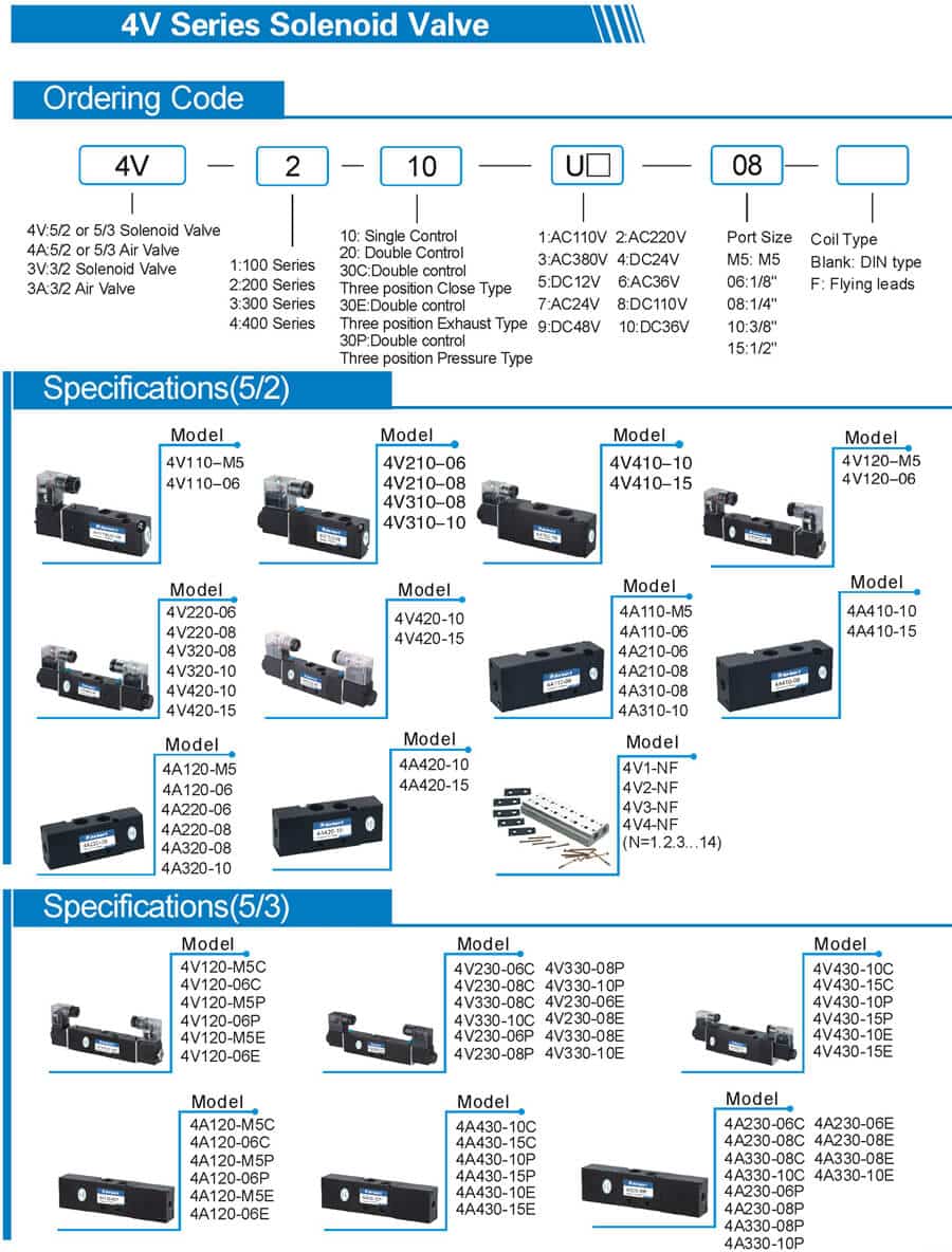 4v pneumatic directional solenoid valve 5 way 3 positions 2 positions