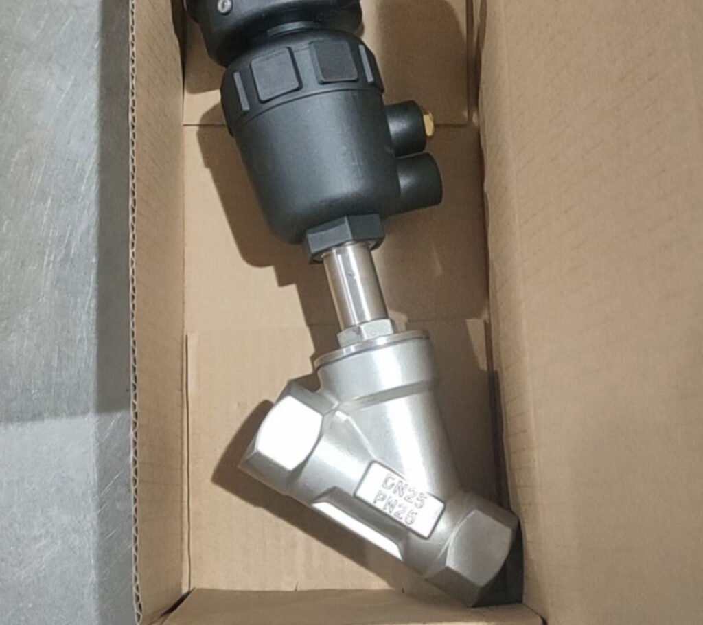 Plastic actuated angle seat valve box